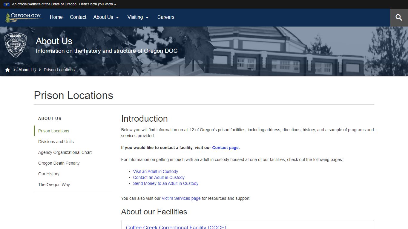 Department of Corrections : Prison Locations : About Us - Oregon